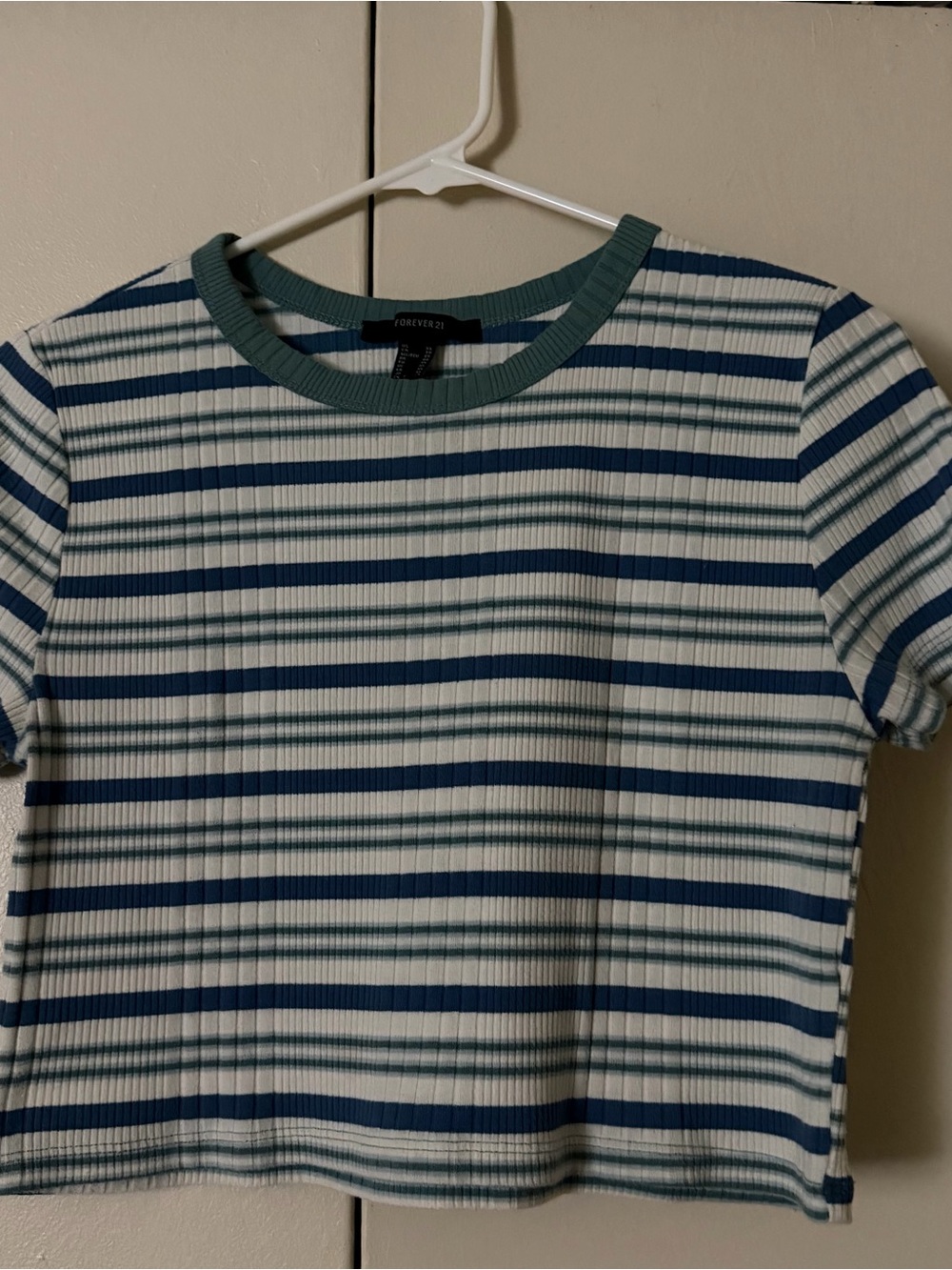 Forever 21 Womens Blue and Green Striped Ribbed Cropped Baby Tee